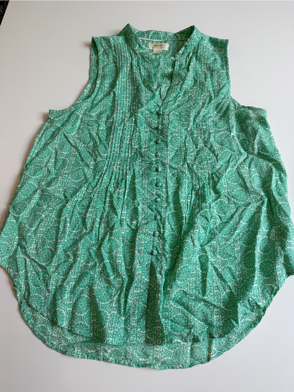 Anthropologie Maeve Petunia Pintuck Teal/Green Sleeveless Printed Medium Blouse